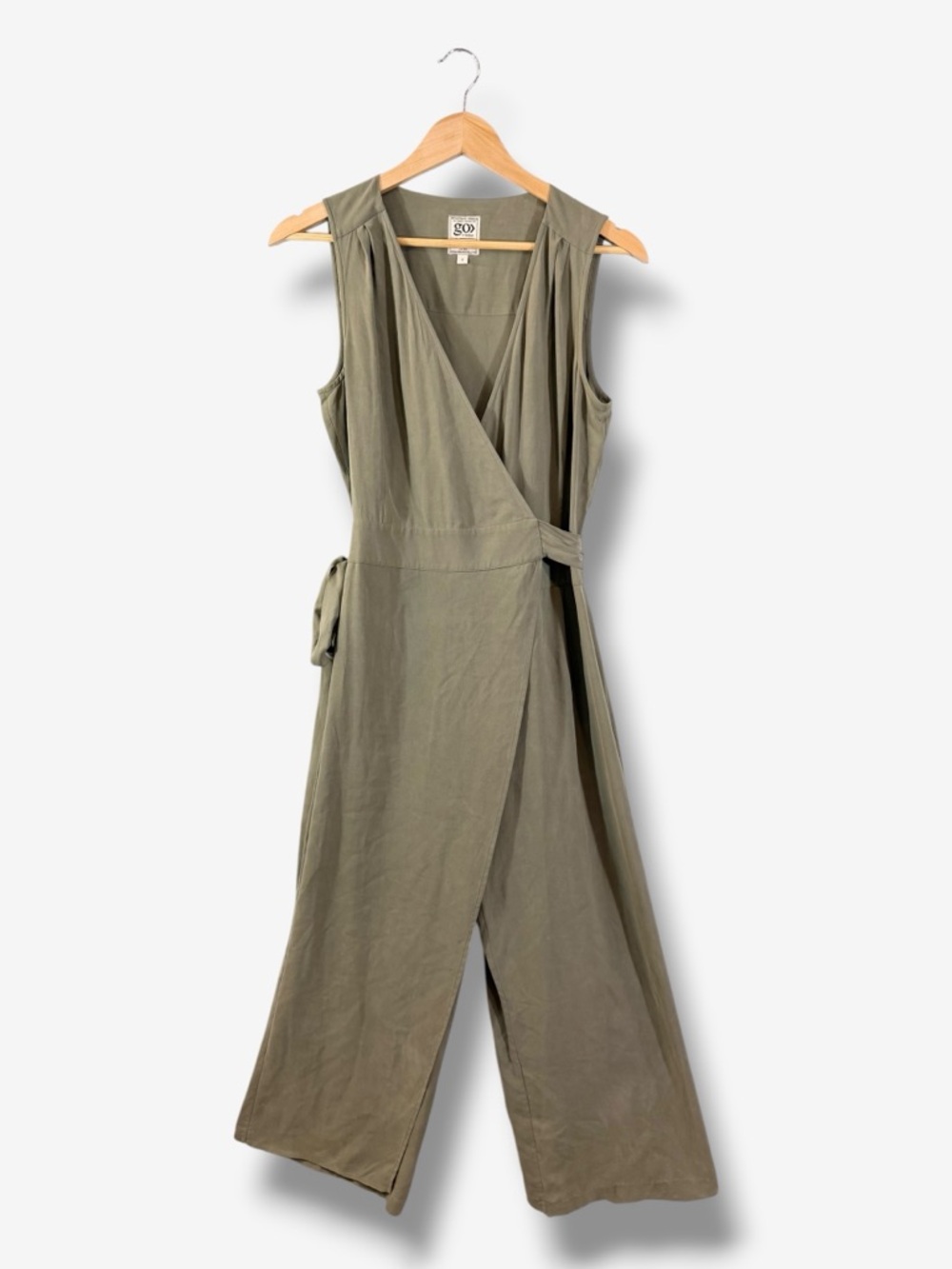 Go by Go Silk Wide Leg Jumpsuit Size S Olive Green Cropped Faux Wrap Casual